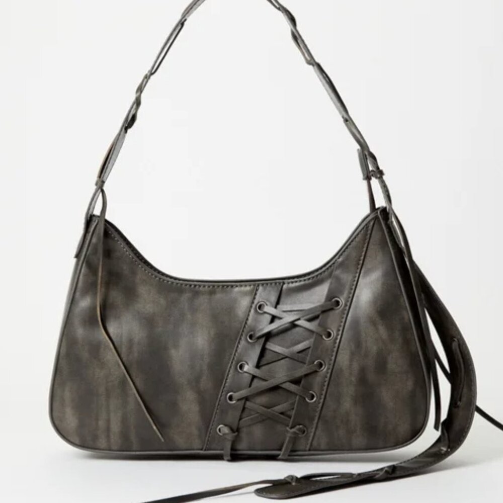 Laced-Up Detail Shoulder Bag Distressed Black
